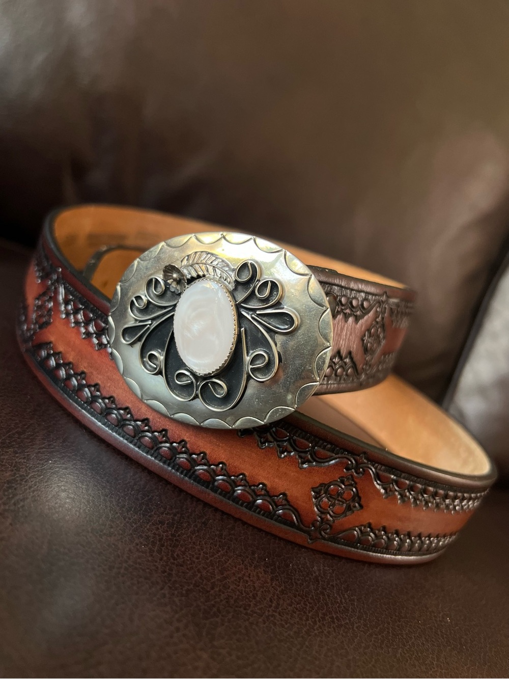 Men's Brown Tooled Western Leather Belt 40 Silver Concho Strickland’s Army Navy